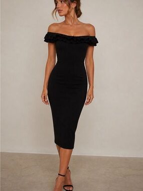 Zara Black Off-Shoulder Ruffle Midi Dress